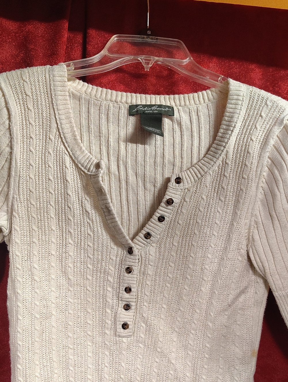 Eddie Bauer Women's Cream Cable-Knit V-Neck Henley Sweater